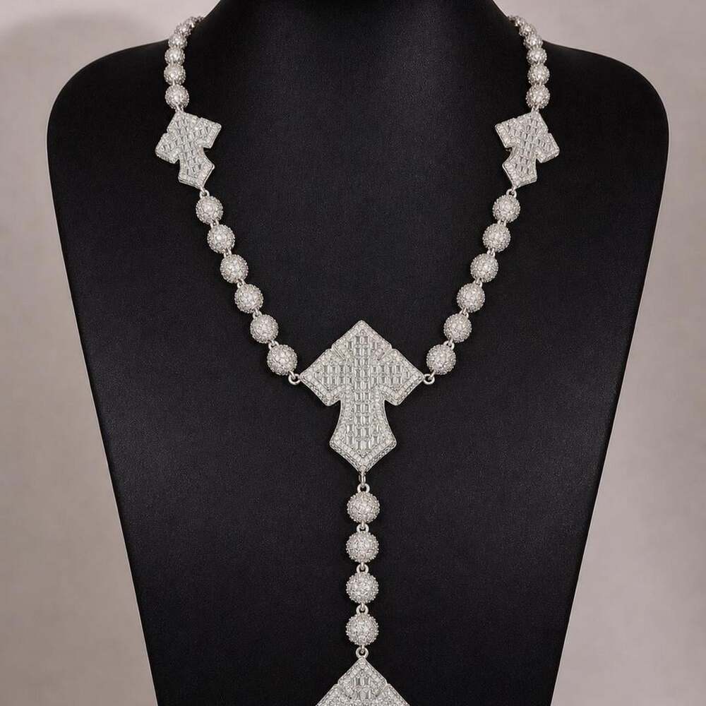 Silver Triple Cross Rosary Necklace 5 Ab 7